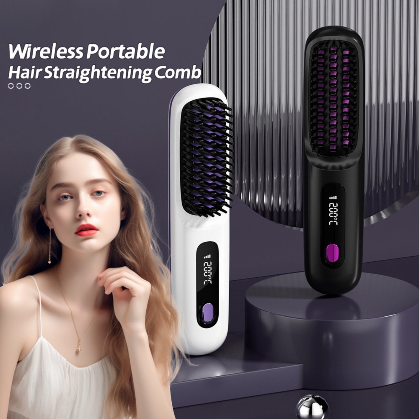Mifanstech Cordless Hair Straightener, Ceramic Mini Hair Straightener Brush, Anti-scald Brush Teeth, Temperature Control and LED Display for Women,white