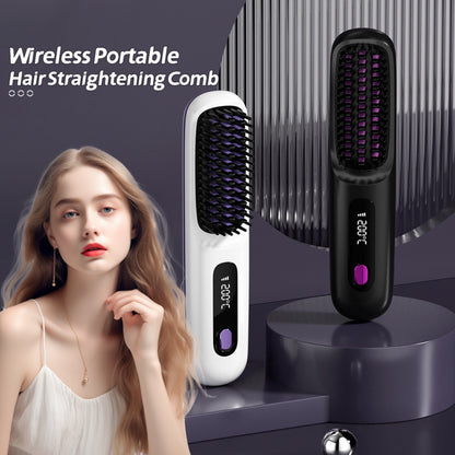 Mifanstech Cordless Hair Straightener, Ceramic Mini Hair Straightener Brush, Anti-scald Brush Teeth, Temperature Control and LED Display for Women,white